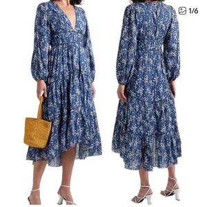 Ulla Johnson Floral Print Joan Gathered Jacquard Midi Dress in Cornflower Blue